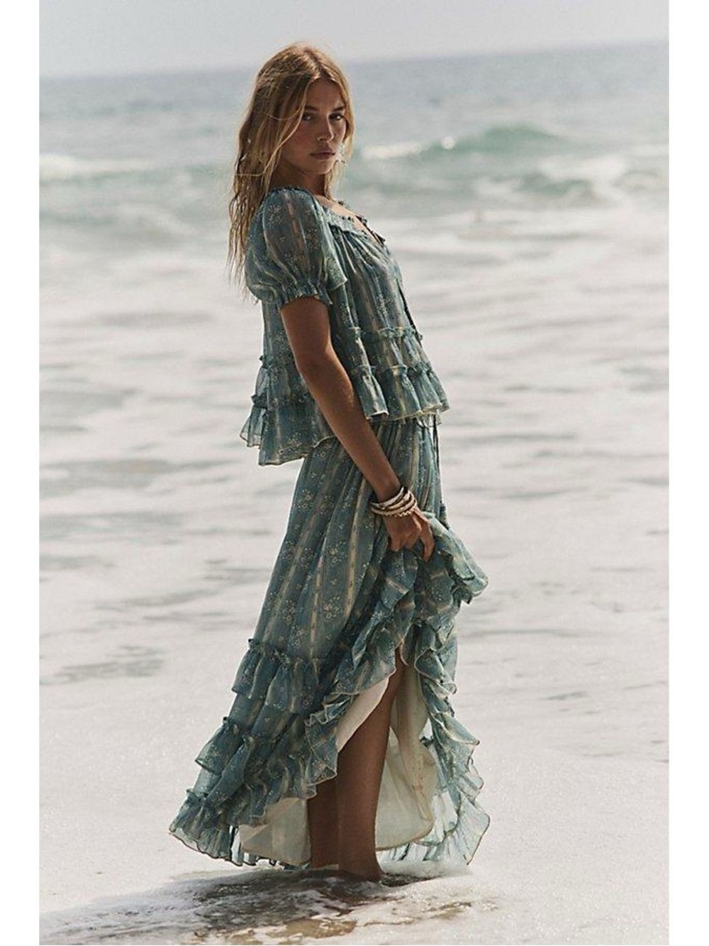 Free People Mineral Blue Floral Combo Ruffle Skirt and Top NWT Sz XS
